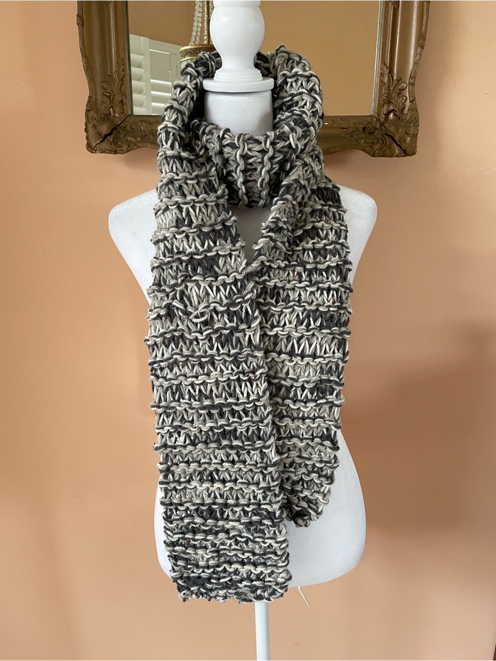 Hand-Knit Grays & Cream Acrylic Tiny Subtle Specs of Orange WinterScarf  6”x 66